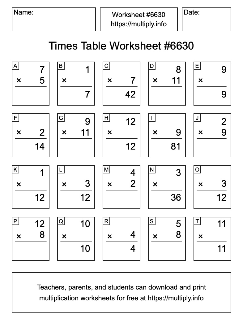 Times Table Worksheet #6630