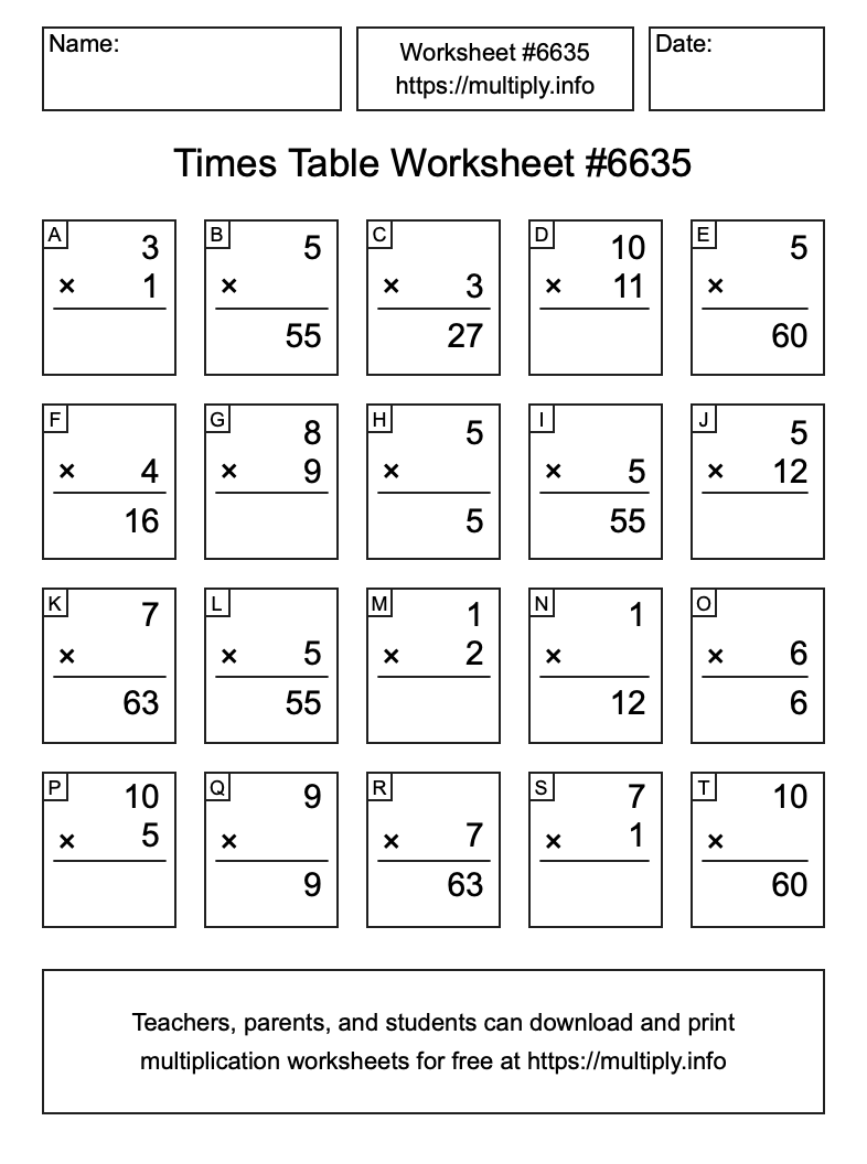 Times Table Worksheet #6635