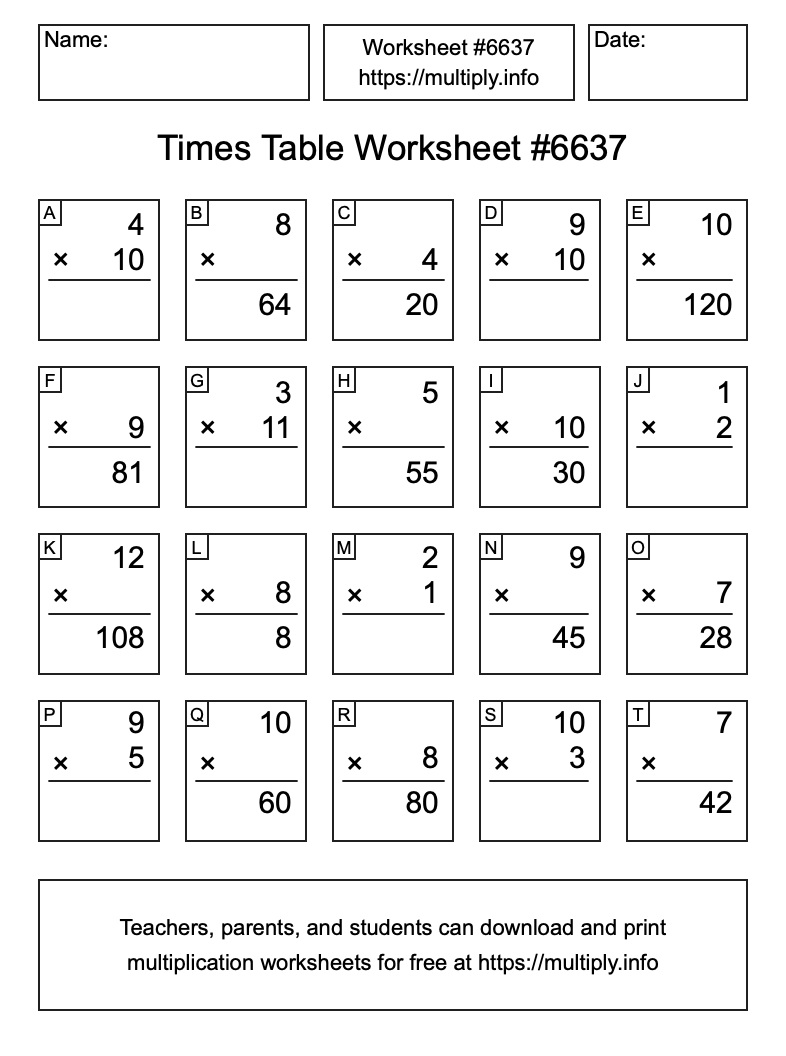 Times Table Worksheet #6637