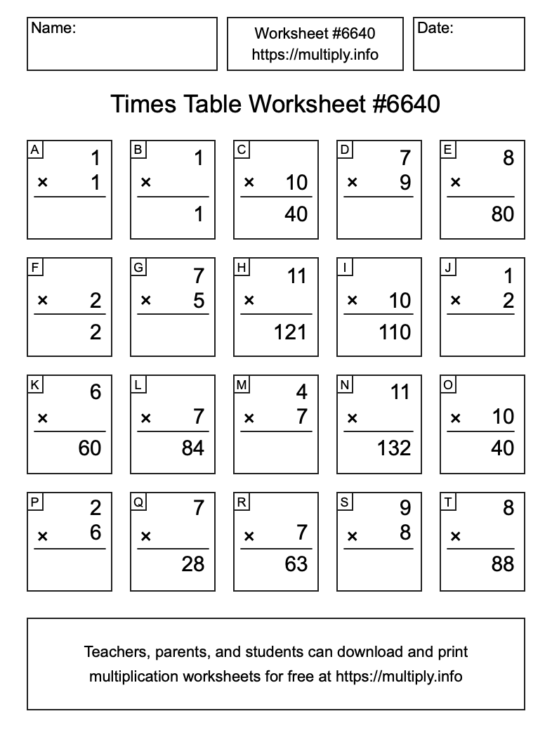 Times Table Worksheet #6640