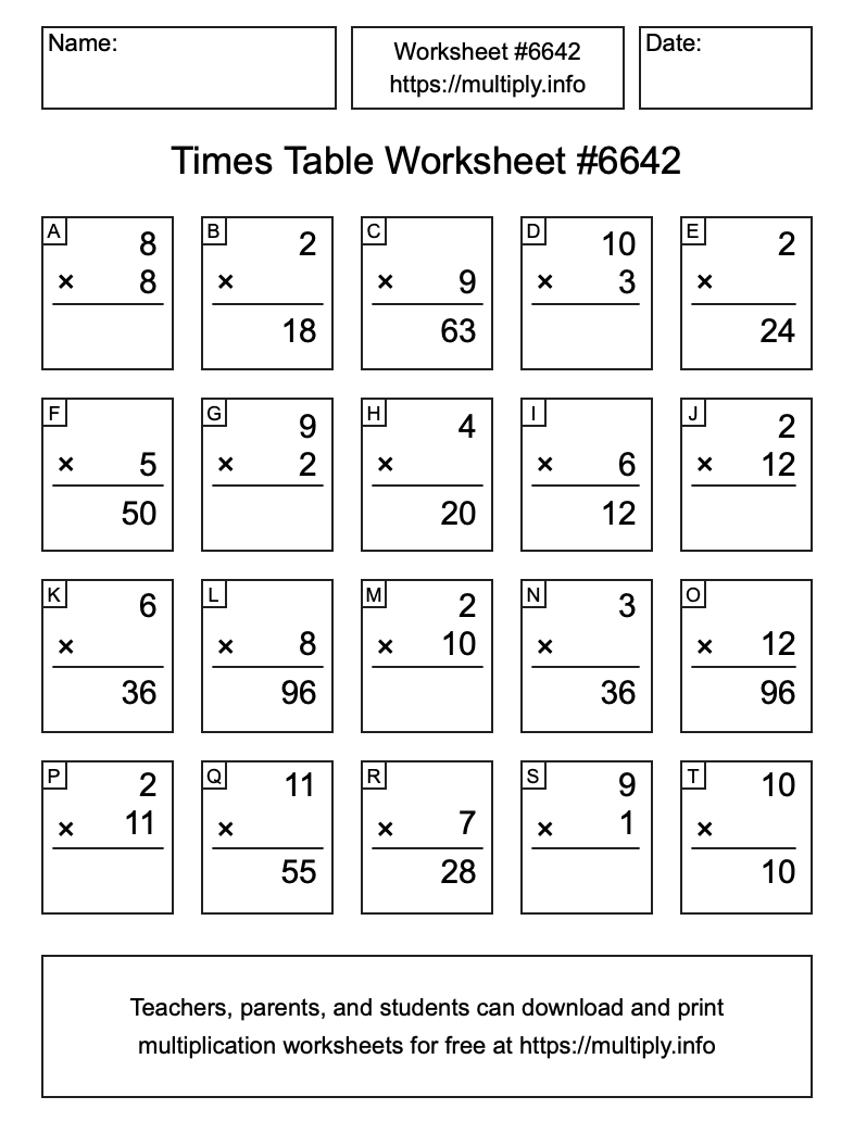 Times Table Worksheet #6642