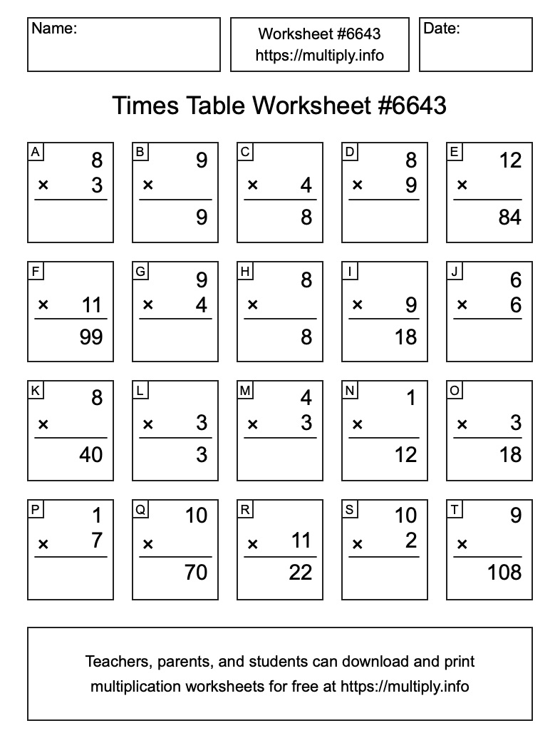 Times Table Worksheet #6643