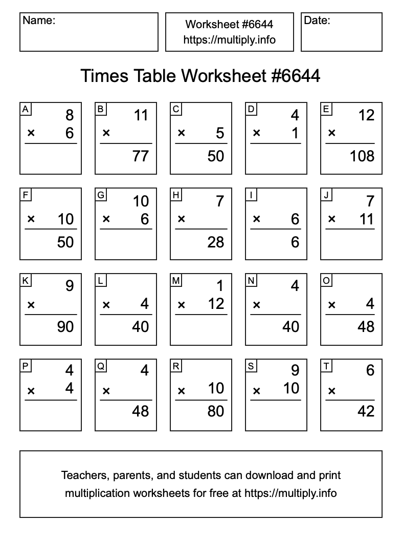 Times Table Worksheet #6644