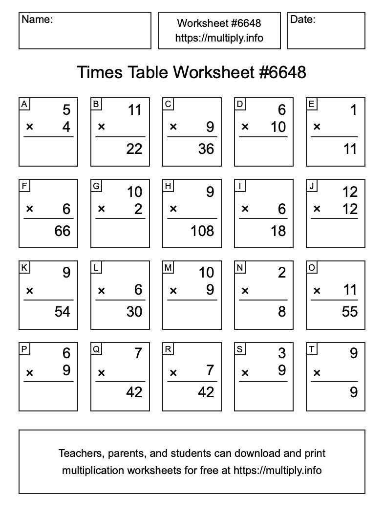 Times Table Worksheet #6648