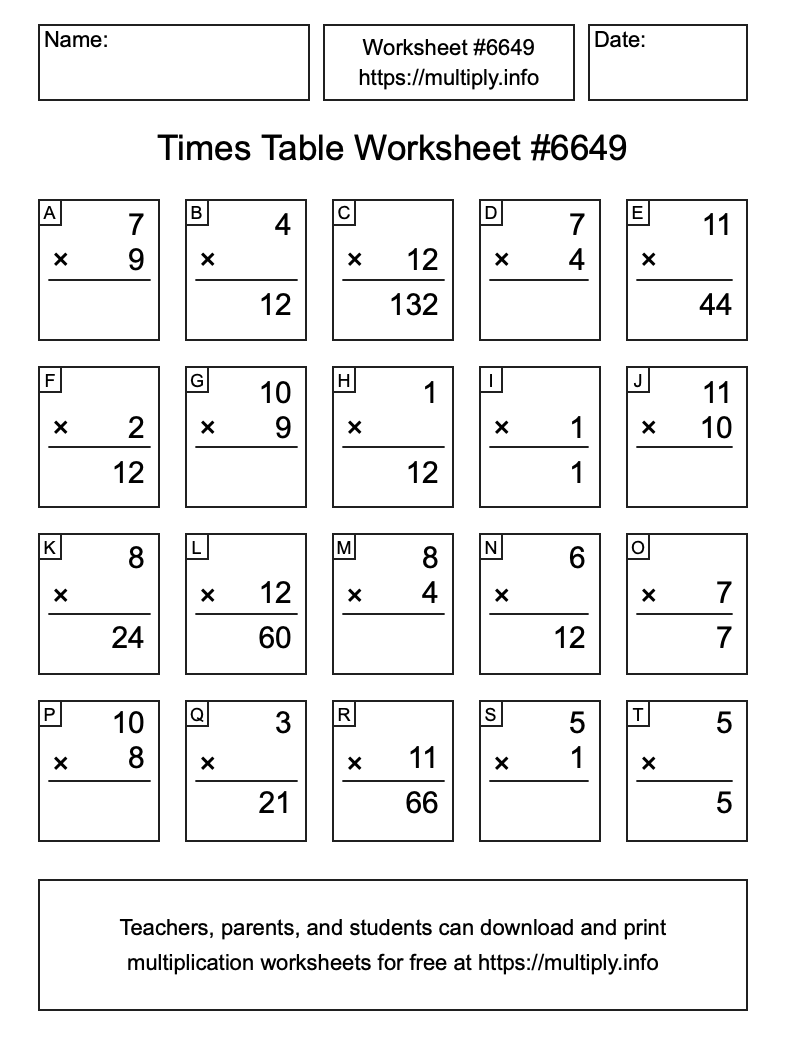 Times Table Worksheet #6649