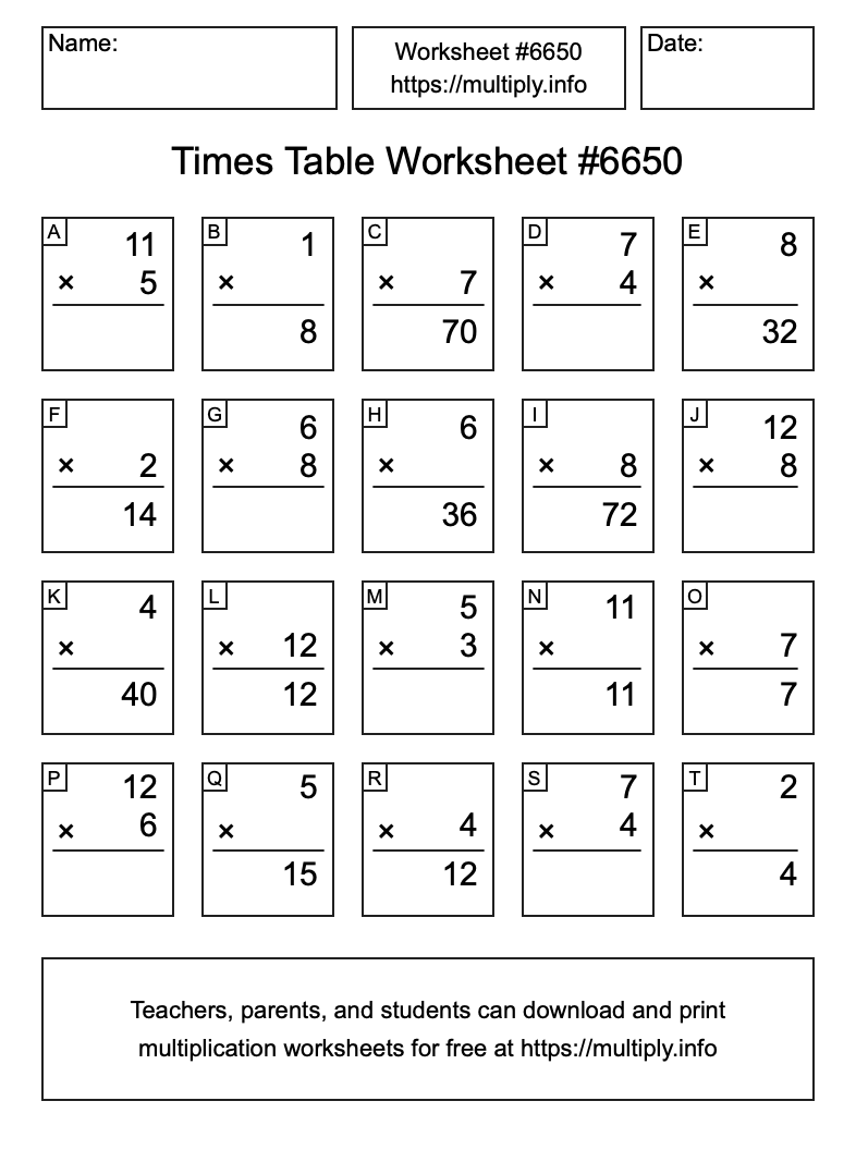 Times Table Worksheet #6650