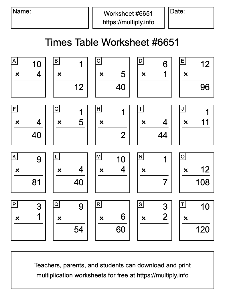 Times Table Worksheet #6651