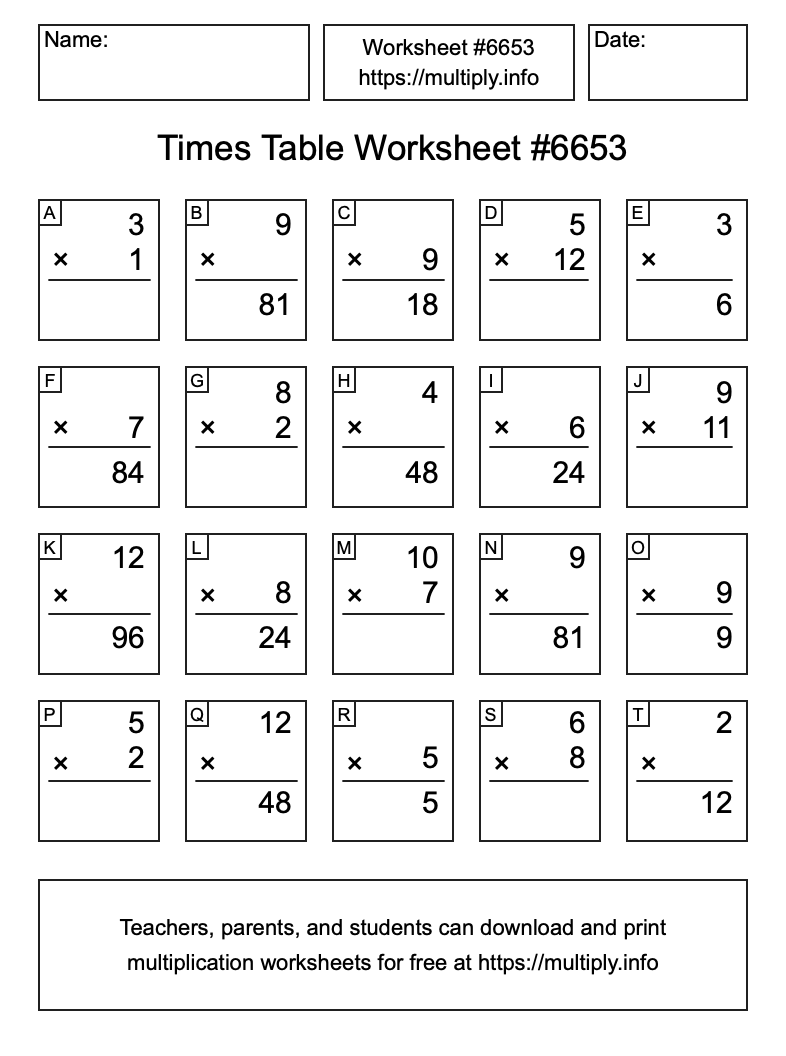 Times Table Worksheet #6653