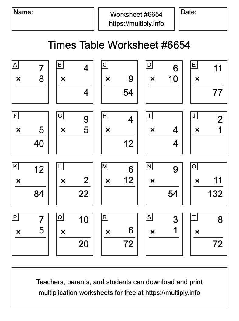 Times Table Worksheet #6654