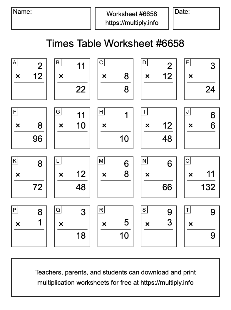 Times Table Worksheet #6658