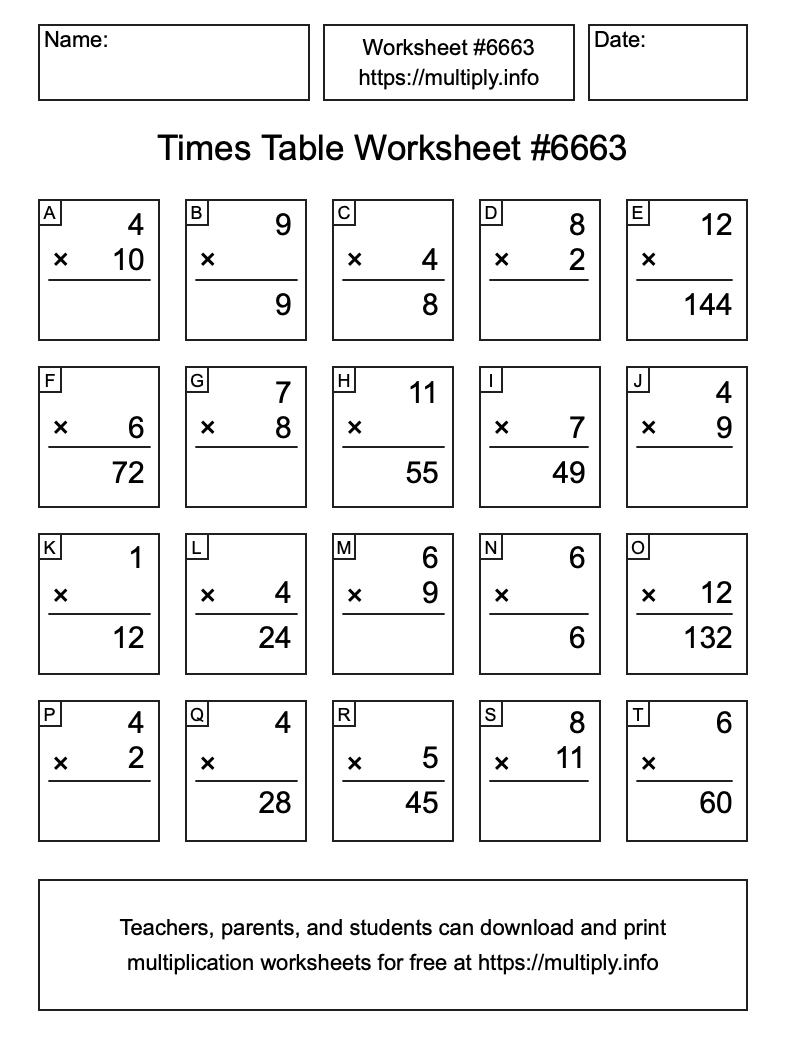 Times Table Worksheet #6663