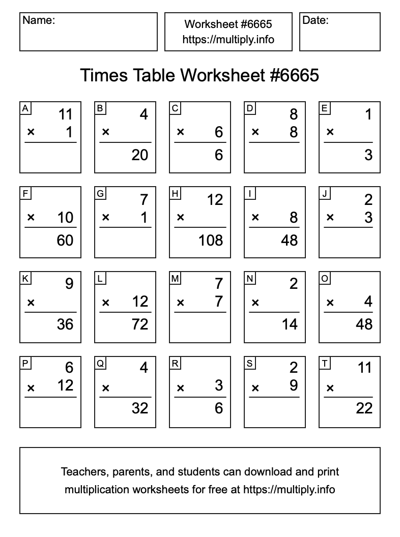 Times Table Worksheet #6665