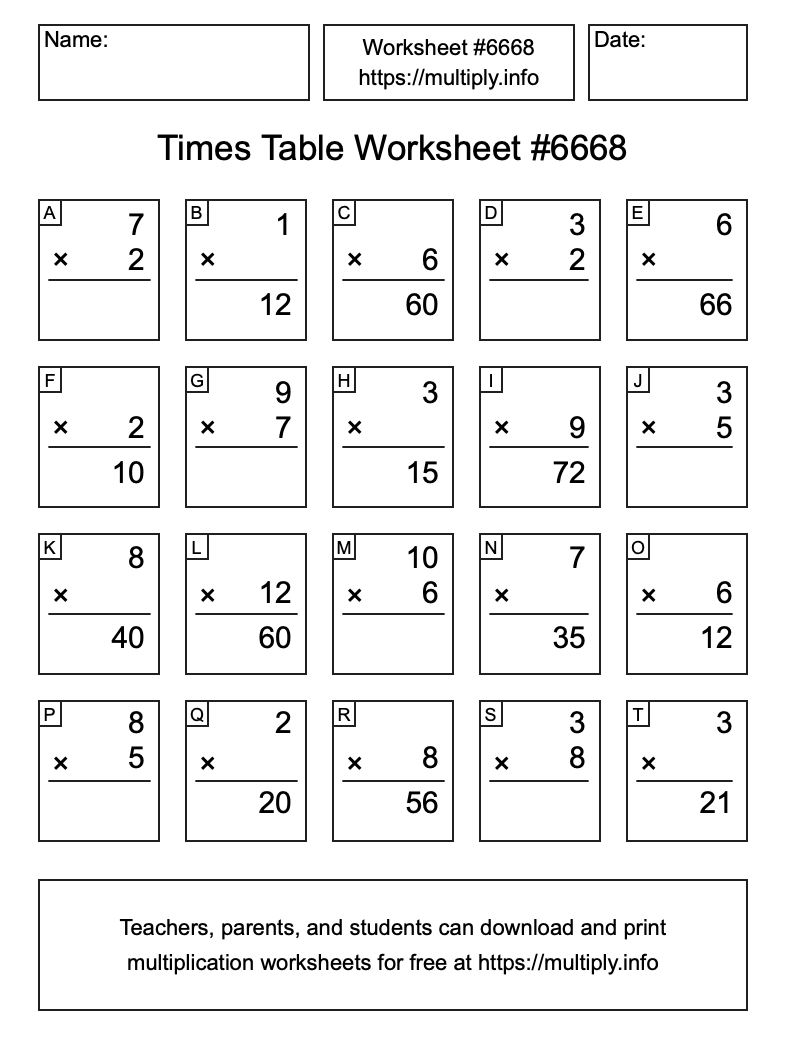 Times Table Worksheet #6668