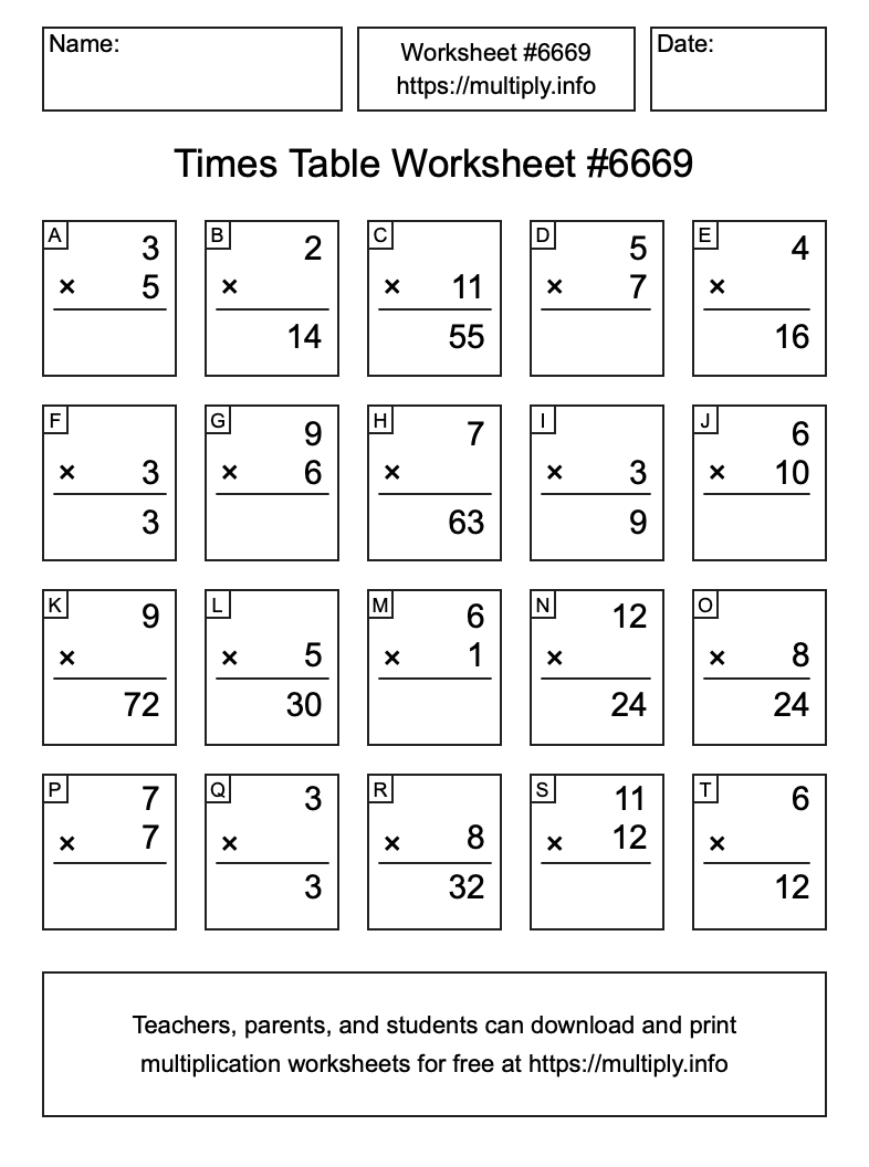 Times Table Worksheet #6669