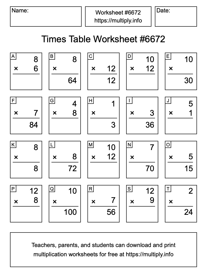 Times Table Worksheet #6672