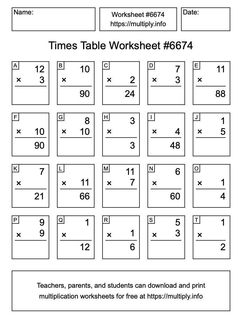 Times Table Worksheet #6674