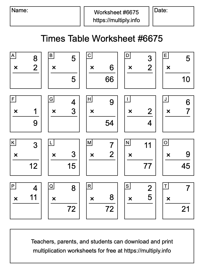 Times Table Worksheet #6675