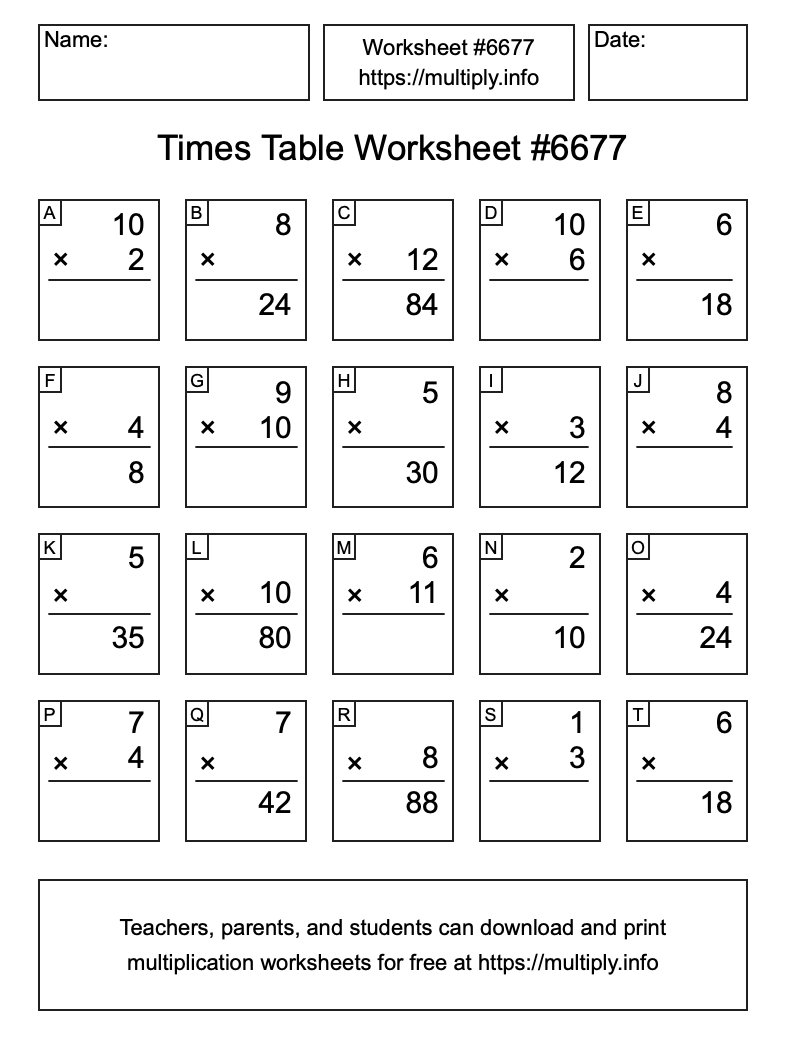 Times Table Worksheet #6677