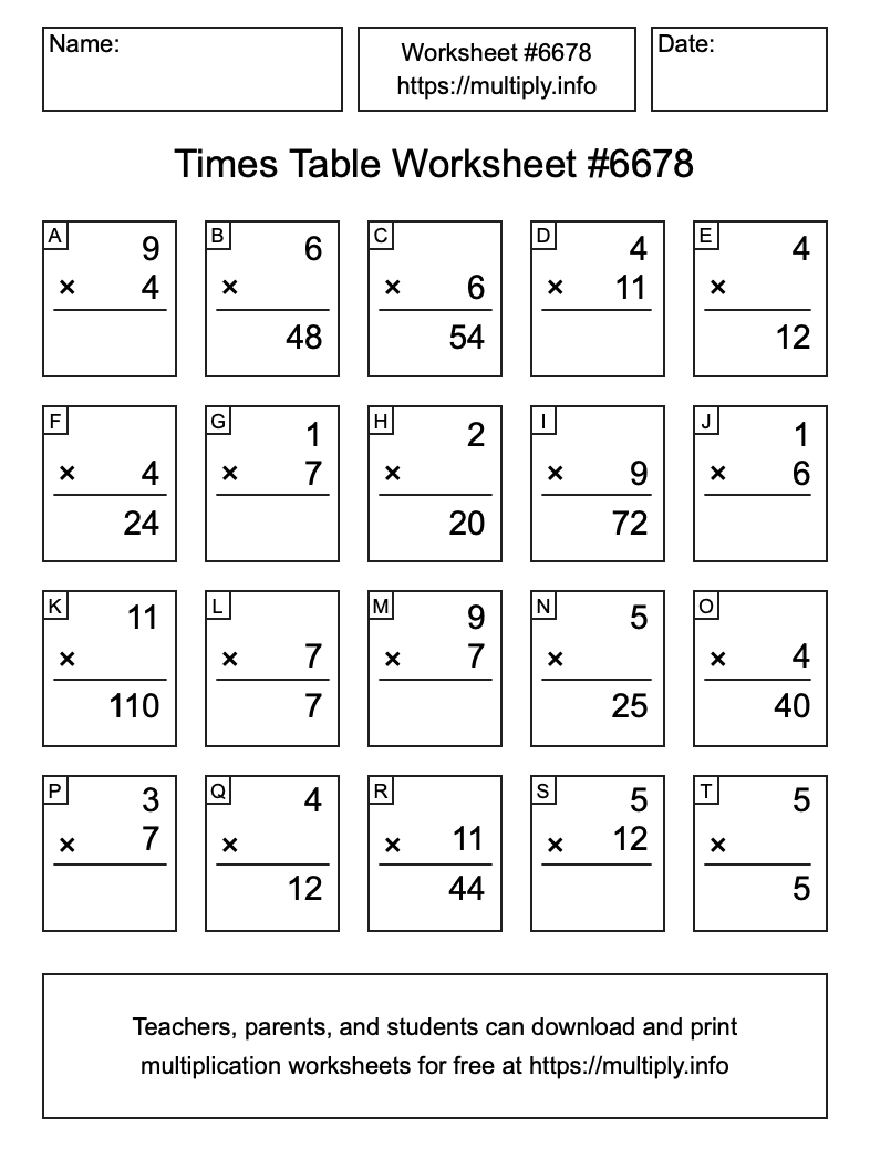 Times Table Worksheet #6678