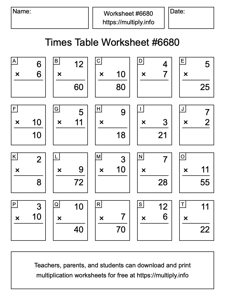 Times Table Worksheet #6680