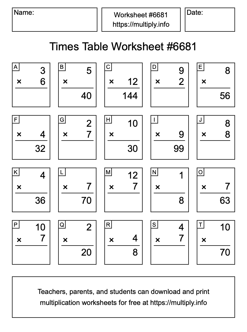 Times Table Worksheet #6681