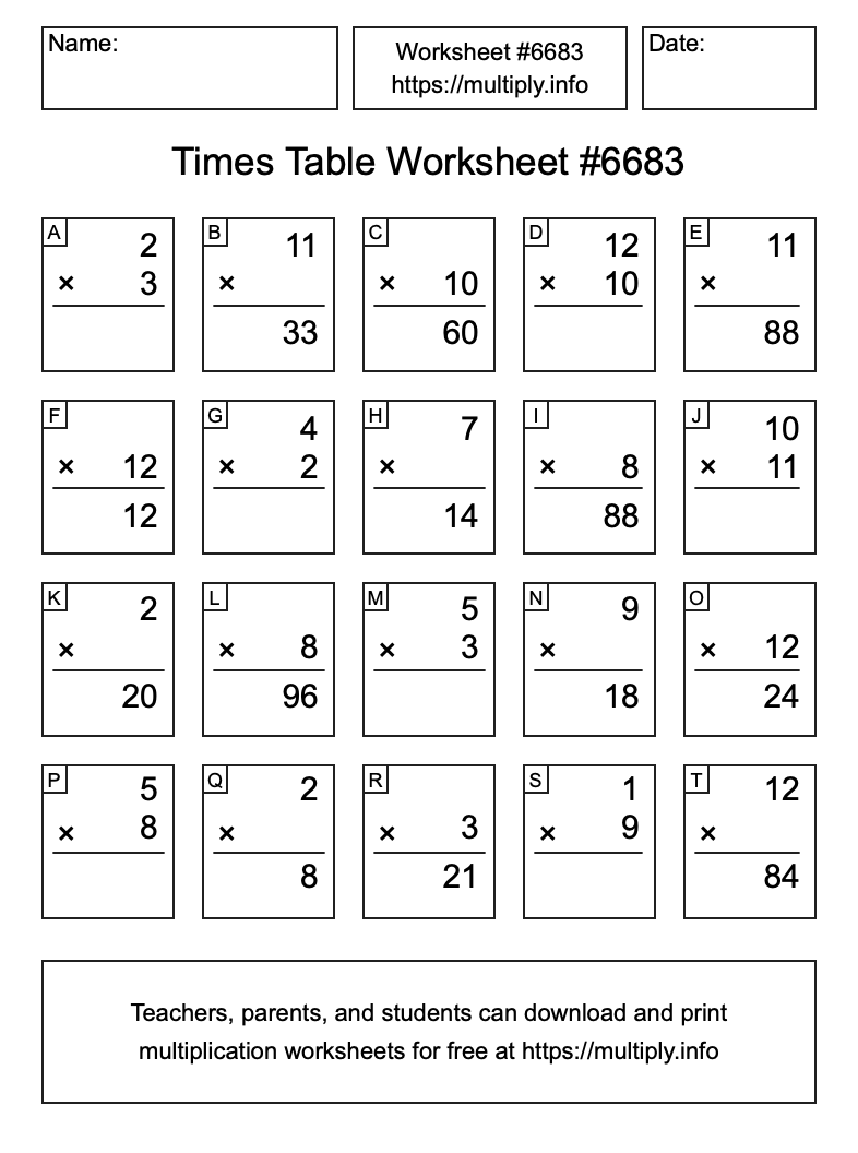 Times Table Worksheet #6683