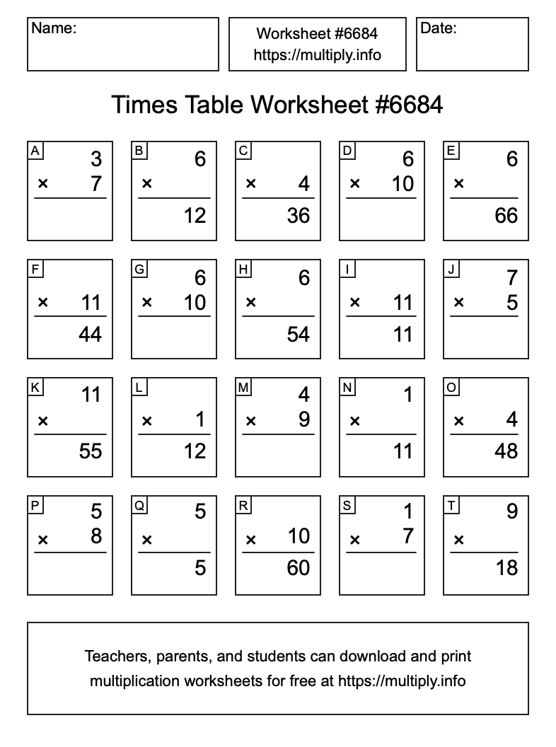 Times Table Worksheet #6684
