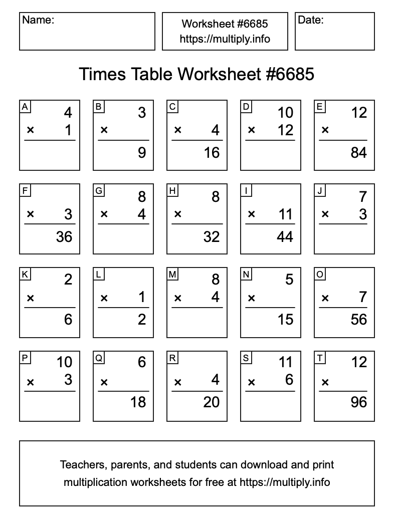 Times Table Worksheet #6685