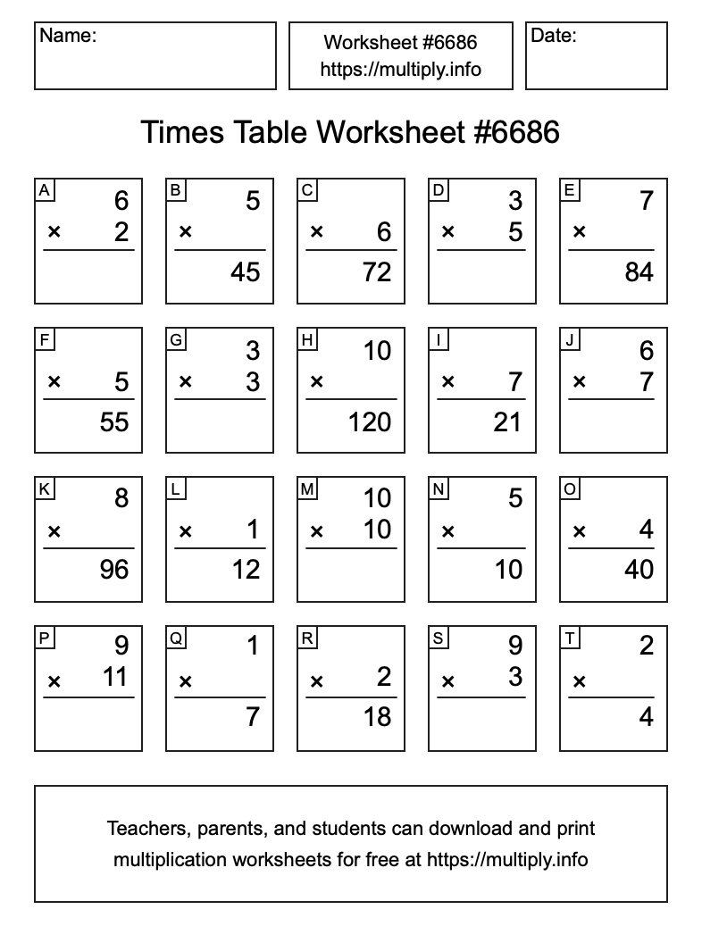 Times Table Worksheet #6686