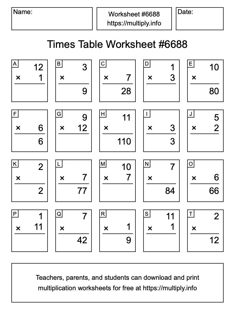 Times Table Worksheet #6688