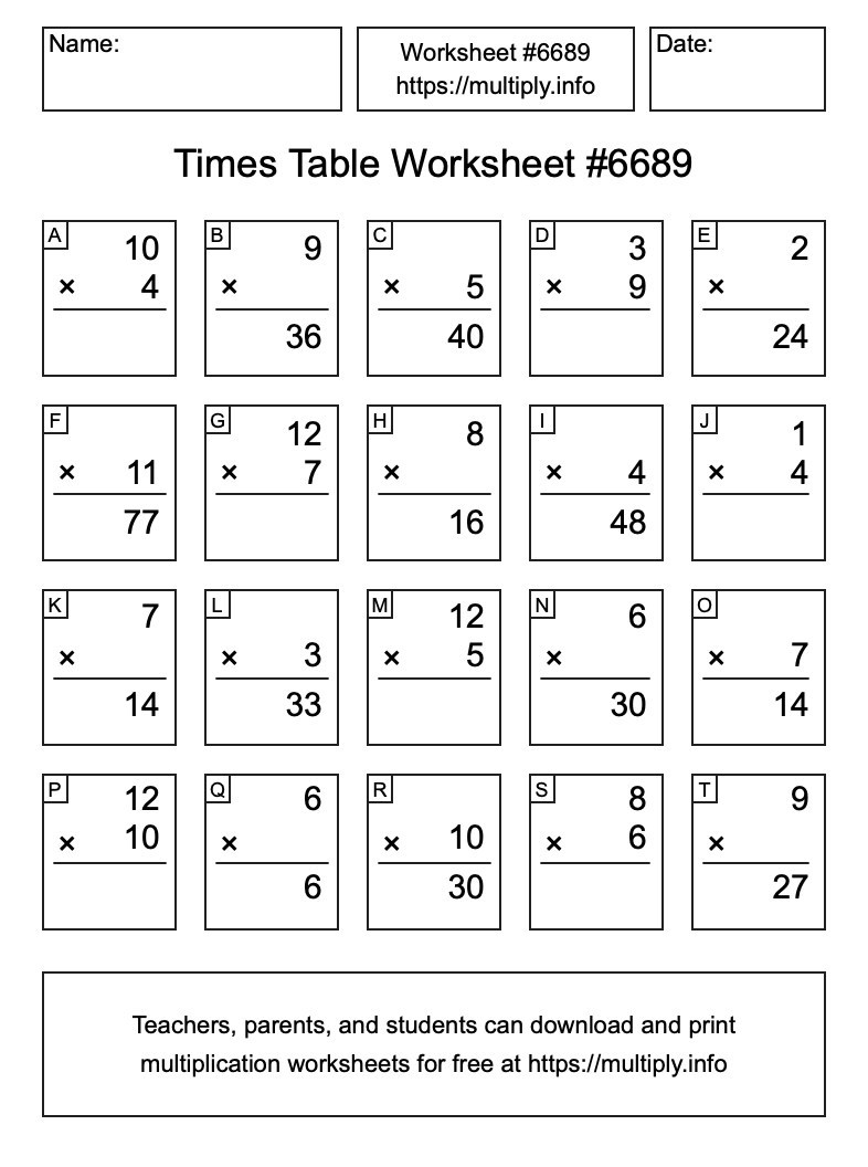 Times Table Worksheet #6689