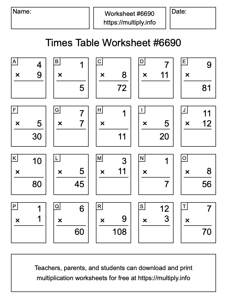Times Table Worksheet #6690