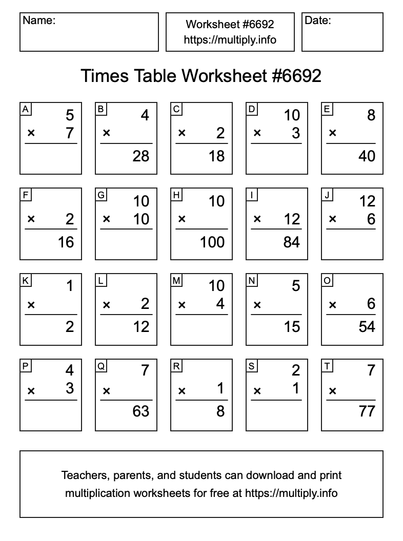 Times Table Worksheet #6692