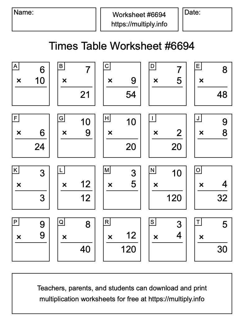 Times Table Worksheet #6694