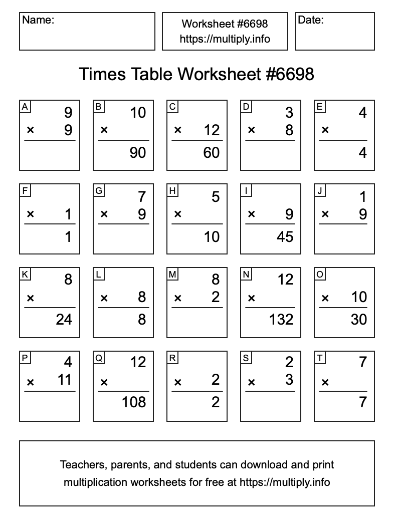 Times Table Worksheet #6698