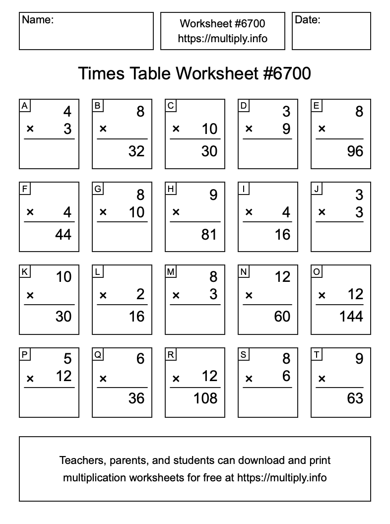 Times Table Worksheet #6700