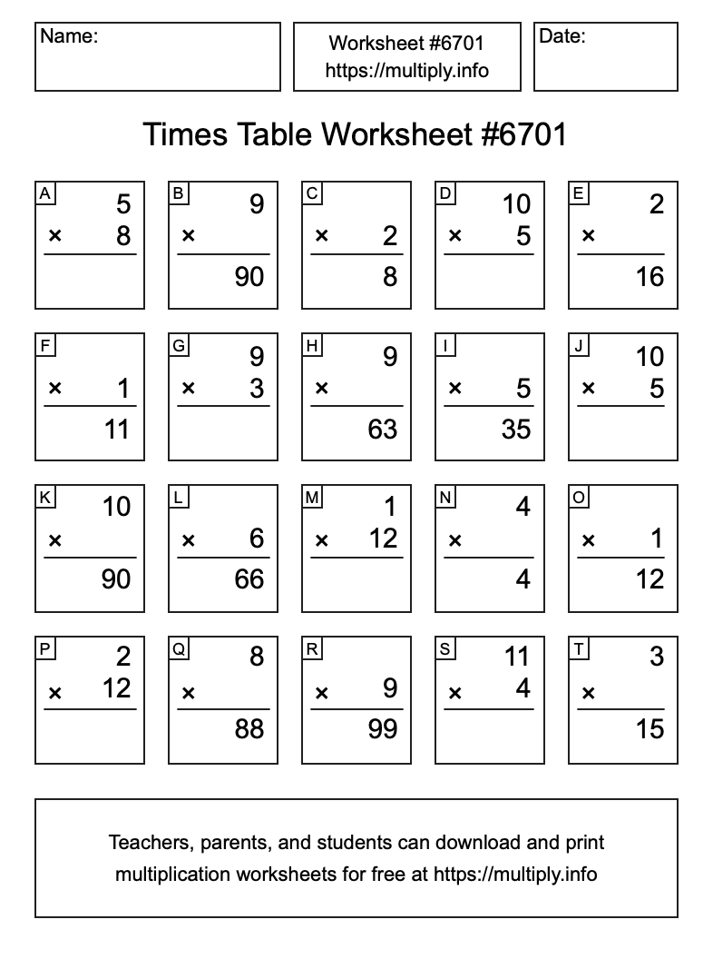 Times Table Worksheet #6701