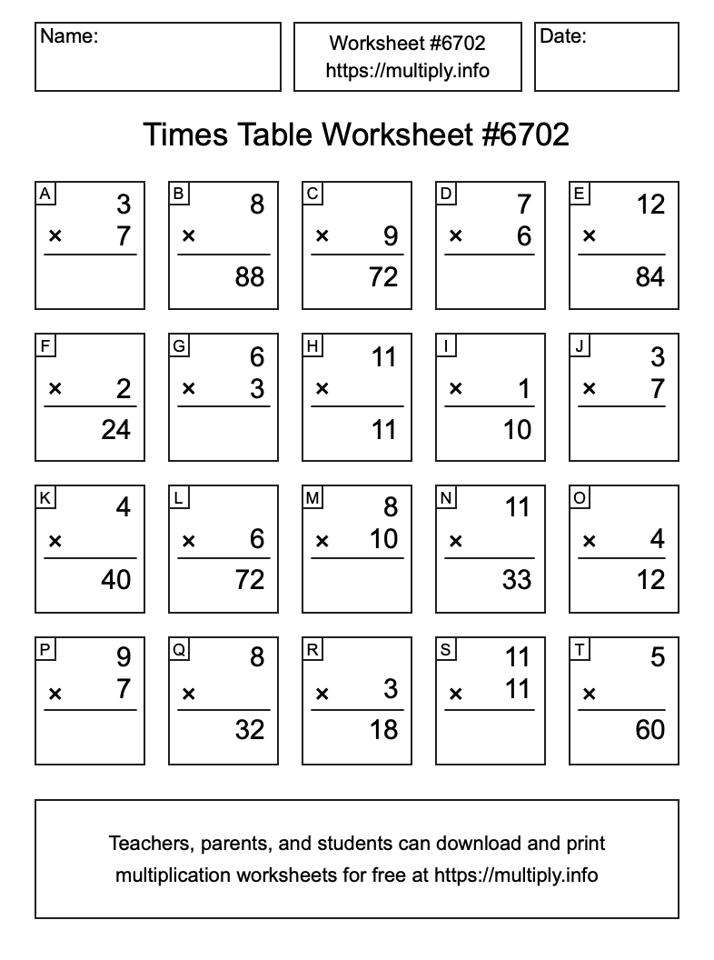 Times Table Worksheet #6702