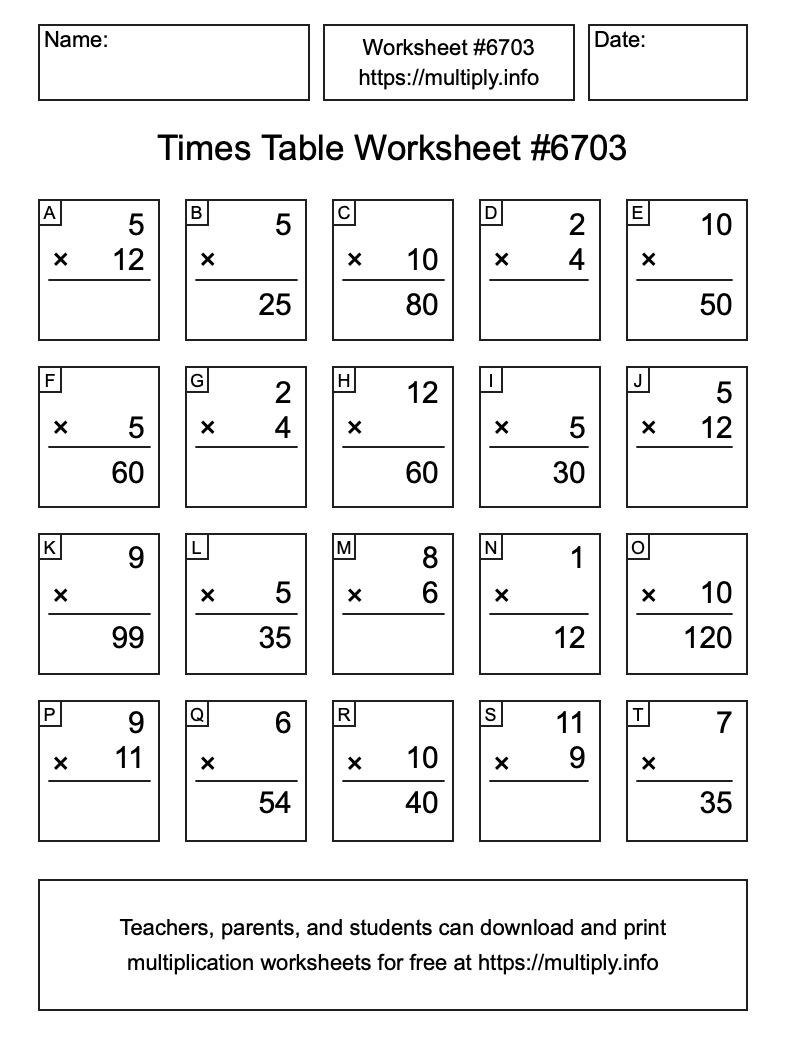 Times Table Worksheet #6703