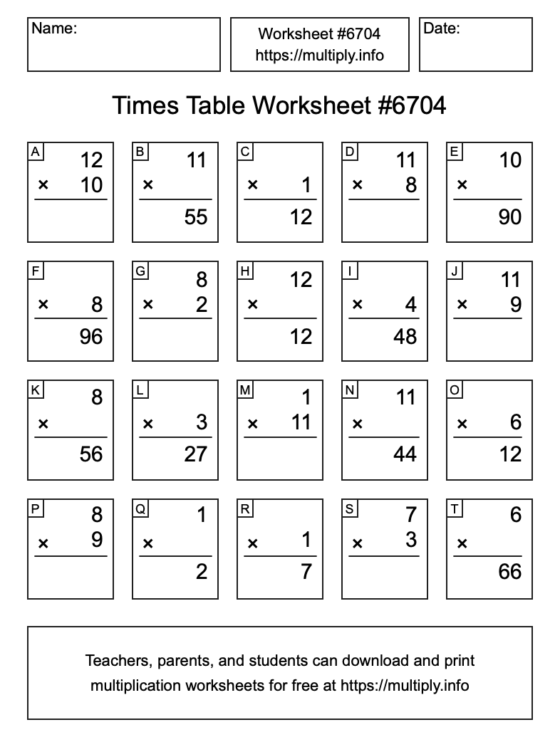Times Table Worksheet #6704