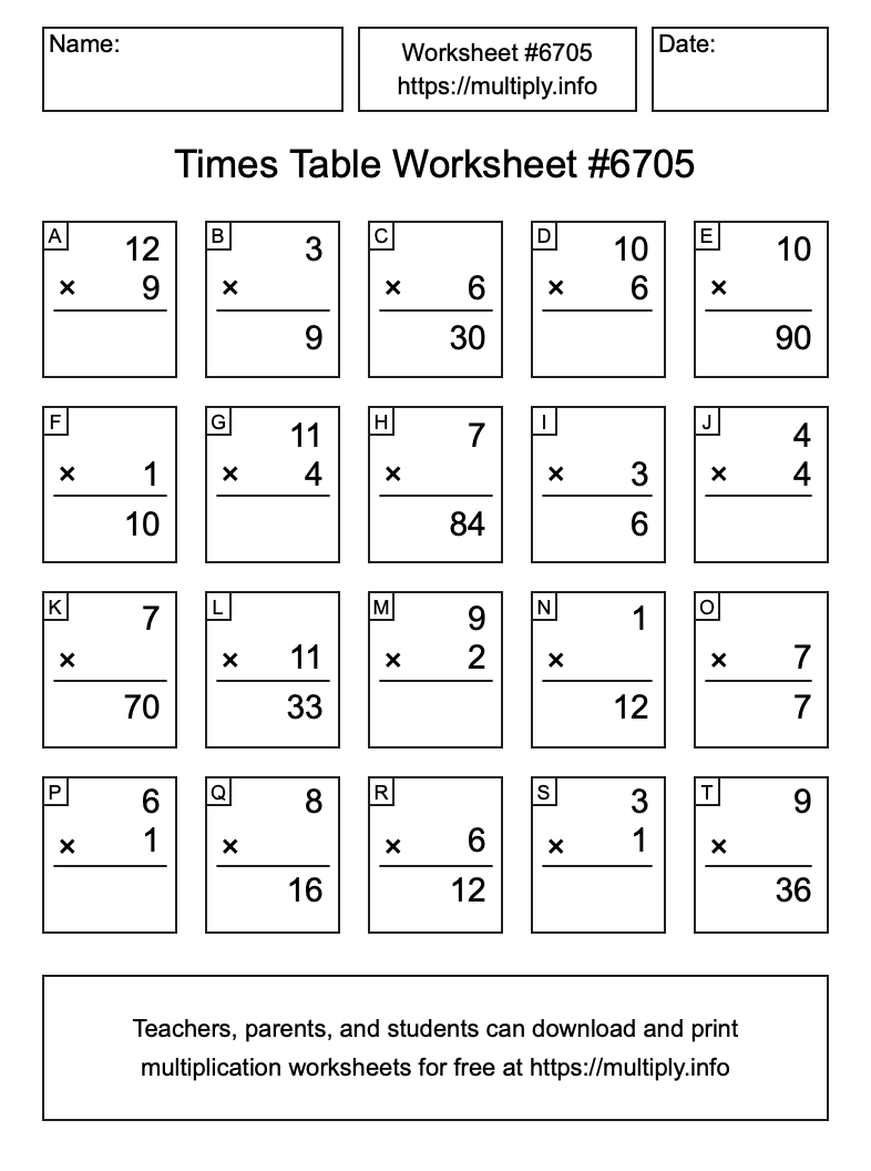 Times Table Worksheet #6705