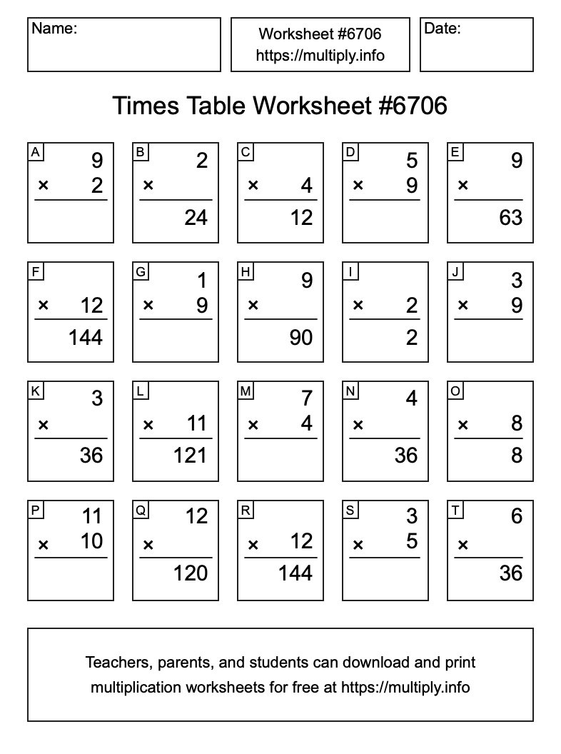 Times Table Worksheet #6706