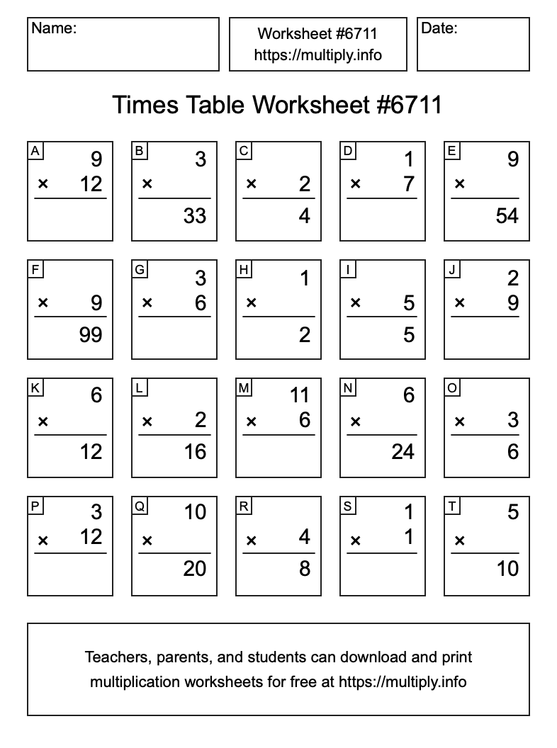 Times Table Worksheet #6711