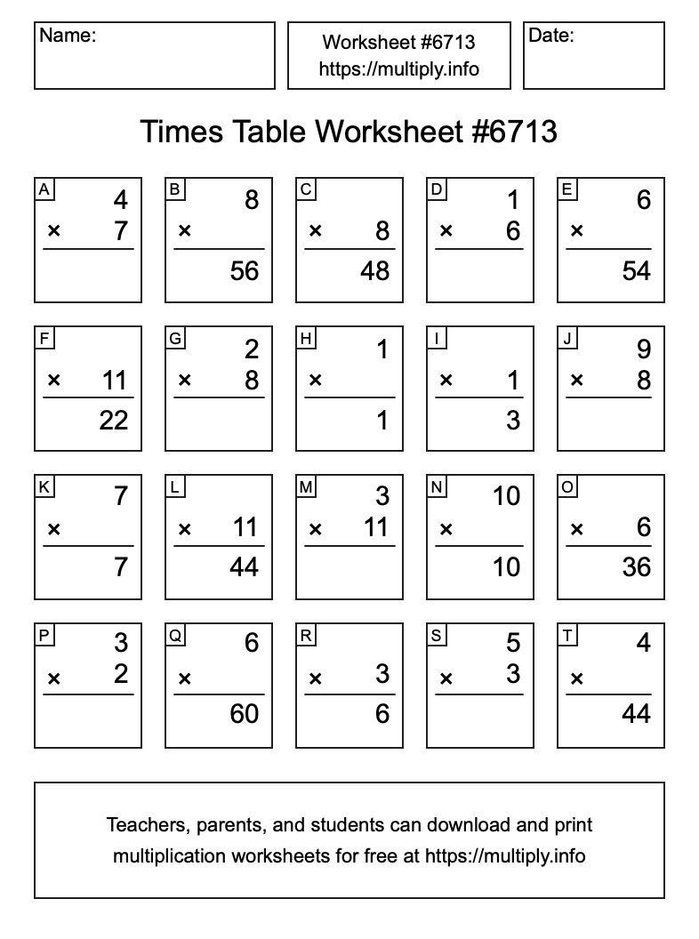 Times Table Worksheet #6713