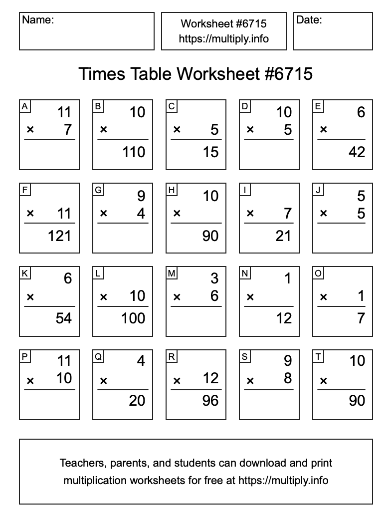 Times Table Worksheet #6715