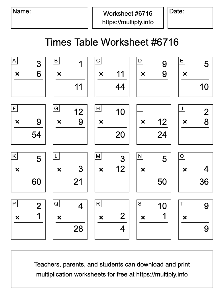 Times Table Worksheet #6716