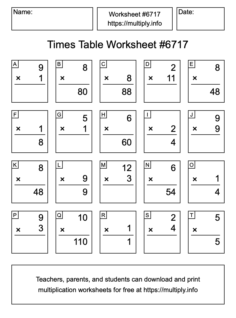 Times Table Worksheet #6717