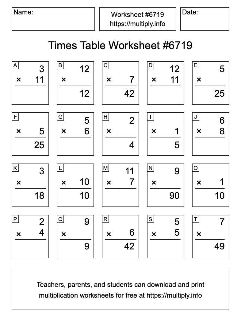 Times Table Worksheet #6719
