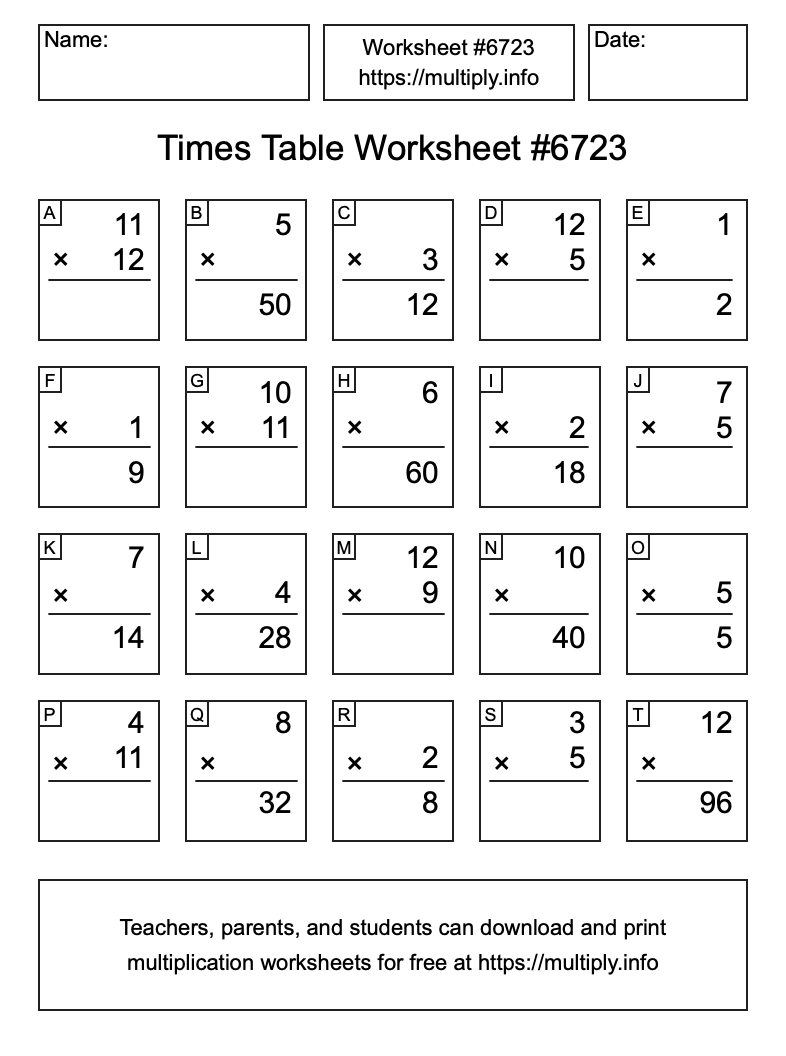 Times Table Worksheet #6723