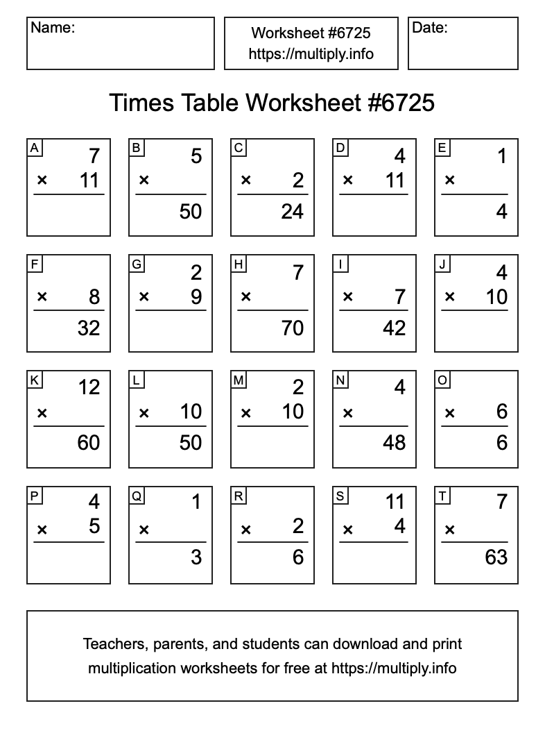 Times Table Worksheet #6725